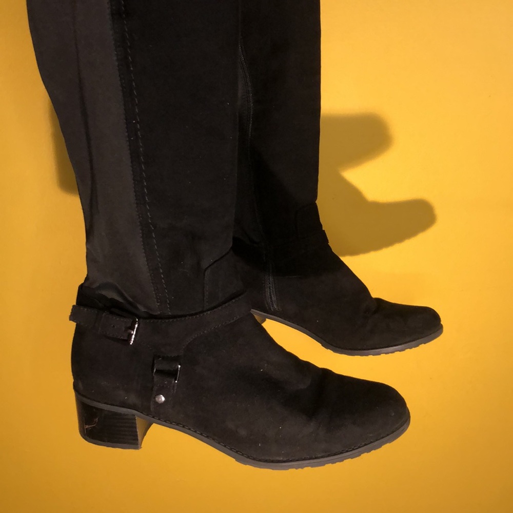 Madden girl. tall black heeled suede riding boot with silver buckles